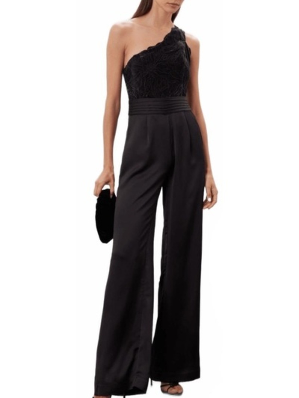 Ramy Brook Adaline Black Velvet One Shoulder Wide Leg Jumpsuit Size 4 Cummerbund